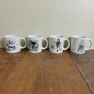 Set‎ of 4 GHC England VINTAGE Holiday Christmas Black & White Ceramic Mugs Cups